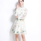 Famous Elegant Hollow Hook Flower Embroidery To Receive Waist Print Dress Women's Fashion