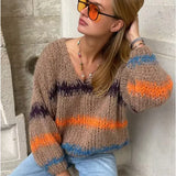 Autumn And Winter Loose Color Stripe V-Neck Collar Knitted Shirt Long-Sleeved Sweater