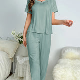 Toloer And Summer On The New Pajamas Female Milk Silk Short Sleeve Trousers Suit Classic Solid Color Casual Burst-Outfit