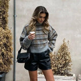 Casual Plaid Contrast Vintage Pull Femme High Collar Long Sleeve Stripe Sweater Winter Clothes Women Pullovers Chic
