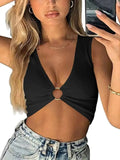 New Waist V-Neck Multi-Color Sexy Hoop Buckle Chest Circle Small Vest Top-Outfit