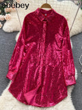 Blouse Shirts Long Sleeve Top Button Up Shirt Y2K Vintage Women Clothing Club Party Glitter Top Female Collared