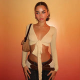2025 New Fashion Spice Girls Solid Color Sexy V Tie With Supple Short-Anxed Long-Sleeved Shirt
