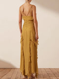 Sexy Summer Dress For Women 2023 V Neck Sleeveless Off Shoulder High Waist Ruffle Trim Irregular Midi Dresses Female