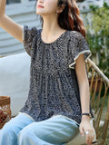 Toloer The Age Of Small Broken Flowers Leaves Side Short Sleeve Dolls Holiday Chindal Shirt Women Summer Belly Cover Tops High-End