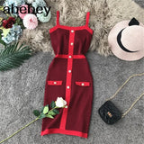 Color Striped Tight Stretchy Knit Tank Dress Single Breasted Buttons Ladies Party Sexy Body-con Step Knit