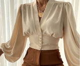 Explosion Spring New Temperament Button V-Neck Lantern Sleeve