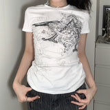 Toloer Graffiti Star Print Bottom Shirt T-Shirt Women's Round Collar Slim Short Sleeve Thread Knit Casual Top-Outfit