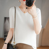 Toloer The Summer Of 2024, Women's Knit Short Sleeve Korean V-Neck Solid Color T-Shirt And A Pit Top-Outfit