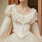Retro Palace Style Waist Slimming Blouses Women Clothing Spring Temperament Bubble Sleeves Sweet Short Shirt Women Tops-Outfit