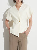 Toloer Commuter Wind 2024 New V Neck Short Sleeve Waist A Button Door Skirt Asymmetric Thin Pure Color Vest Woman-Outfit