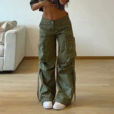 Toloer Hottie Vintage Tie Multi-Pocket Cargo Pants Female Low Waist Loose Straight Pleated Spindle Pants-Outfit