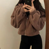 Deeptown Brown Kawaii Zip Up Crop Top Korean Style Zipper Sweatshirt 2021 Fashion Winter Warm Casual Hip Hop Long Sleeve