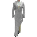 Dress Dress Tuxeds Slices Waist Deep V Long Sleeve Side Fork Sexy Asymmetric Dress