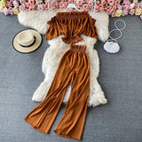 Summer Green/Black/Red Two Piece Set Women Sexy Slash Neck Short Tops + High Waist Wide Leg Pants Female Suit New