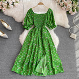 Summer New French Soft Style Sweet American Collar Bubble Short Sleeves Waist Show Thin Forked A-Shaped Dress-Outfit