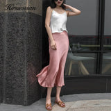 Satin High Waist Skirts Women 2021 New Soft Smooth Silk Office Lady Basic Midi Skirt Chic Elegant Glossy Long