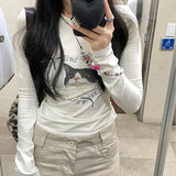 Kawaii Cat Print T-shirt Korean Fashion Cute Kitten Long Sleeve T Shirt Fairycore Y2k Aesthetics Tops 2000s