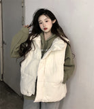 Standing Collar Fold Wear Down Cotton-Padded Jacket Cotton-Padded Jacket Vest Coat Female Spring And Autumn Winter Loose Increase Vest Outside Wear Clip Jacket-Outfit