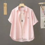 Korean Version Of Casual Smiley Face Embroidered Short-Sleeved Shirt Women 2025 Spring And Summer New Small Plaid Short