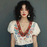 V-Necked Lace Shirt For Women In Summer 2024, The New Popular Style Loose Temperament Niche French Thin Blouse-Outfit