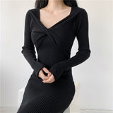 V-Collar Long-Sleeved Knitted Dress Skirt Autumn And Winter 2024 New Sweater Skirt-Outfit