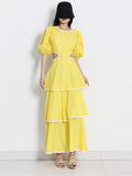 Cut Out Dress For Women Round Neck Puff Sleeve High Waist Solid Midi Dresses Female Summer Clothing Style New