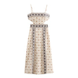 New Summer Positioning Print Hollowed-Out Waist Sling Dress-Outfit