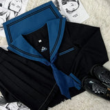 School Girl JK Uniform Skirts Suit Women Girl Bow Sailor Blouses Pleated Short Skirt Sailor Uniform JK Navy Costumes-Outfit