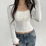 Toloer Court Gentle Wind Fold Lace With Solid Color T Shirt New Square Collar Slim Knit Long Sleeve Fake-Outfit