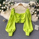 Women Fashion Korean Blouse Square Collar Long Puff Sleeve Solid Slim Tops 2022 Autumn Casual Vacation Short