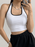 Contrast Trim Cropped Halter Tank Top-Outfit