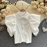 Retro Solid Blouse Women Korean Flying sleeve Casual Tops Spring Fashion Streetwear