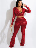 Winter Sexy Deep-V Metallic Crop Top and Pants 2 Piece