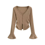 Fashion Women's Fashion Autumn And Winter New Spice Girl V-Neck Single-Breasted Flared Sleeve Knitted Cardigan Slim T-Shirt-Outfit