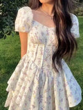 Floral Print Corset Slim Mini Dress with Puff