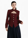 Toloer British Wind 2024 New Standing Collar Hollow Out Waist Irregular Short Texture Long Sleeve Suit Jacket Female-Outfit