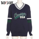 Bold Shade Indie Aesthetic Letter Print Patchwork Sweater Y2K 90s Style Women V-neck Loose Knitwear Streetwear Fashion