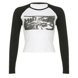 2024 Ins Internet Celebrity Personality Trend New Shoulder-To-Shoulder Abstract Long-Sleeved Head Printed T-Shirt Girl-Outfit
