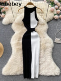 Summer Knitting Dress Women Patwork Casual Body-con Dress Pullovers Simple Step Maxi Long
