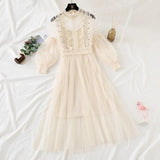New Women Fashion Dress Stand Collar Lantern Sleeve Mesh Dress See-through Lace Embroidery Fairy Dress Femme Vestidos