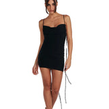 Toloer Summer New Women's Sexy Back Fashion One Word Collar Pleated Bag Hip Dress