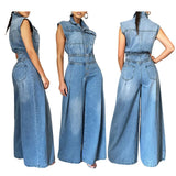 Toloer Women's New Casual Wash Sleeveless Jeans Joined Wide-Leg Pants-Outfit