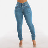 New High-Rise Elastic Jeans Female Fat Mm Buckle Abdominal Pencil Pants Slim High Thin