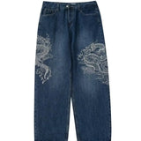 Vintage High Street Blue Embroidered Dragon Pattern Women Jeans Y2K Harajuku Style Hip Hop Popular High-Waisted