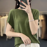 Toloer Line Of Clothing Worsted Short Sleeve Female Round Collar Loose Thin Bat Sleeve Vest Shirt Hollow Out Outside The Hair-Outfit