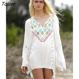 Women T-Shirt Top Sexy Long Sleeve Boho Embroidery Tassel V-neck Hippie Chic Loose Blusas Feminino Tops 2023
