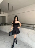 Black Pleated Strap Mini Dress-Outfit