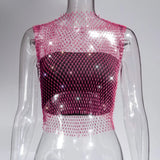 Toloer Nightclub Dresses Fishnet Hollow Out Rhinestone Vest Mesh Flash Diamond Sling Top