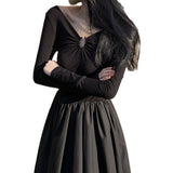 Toloer Hepburn V Neck Long Sleeve Knitted Dress Female Summer French With A Waist Show Long Skirt-Outfit